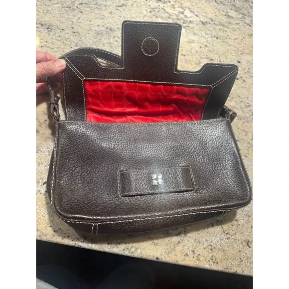 Kate Spade New York Brown Leather Small Shoulder Bag Flap Red Lining - Picture 2 of 6